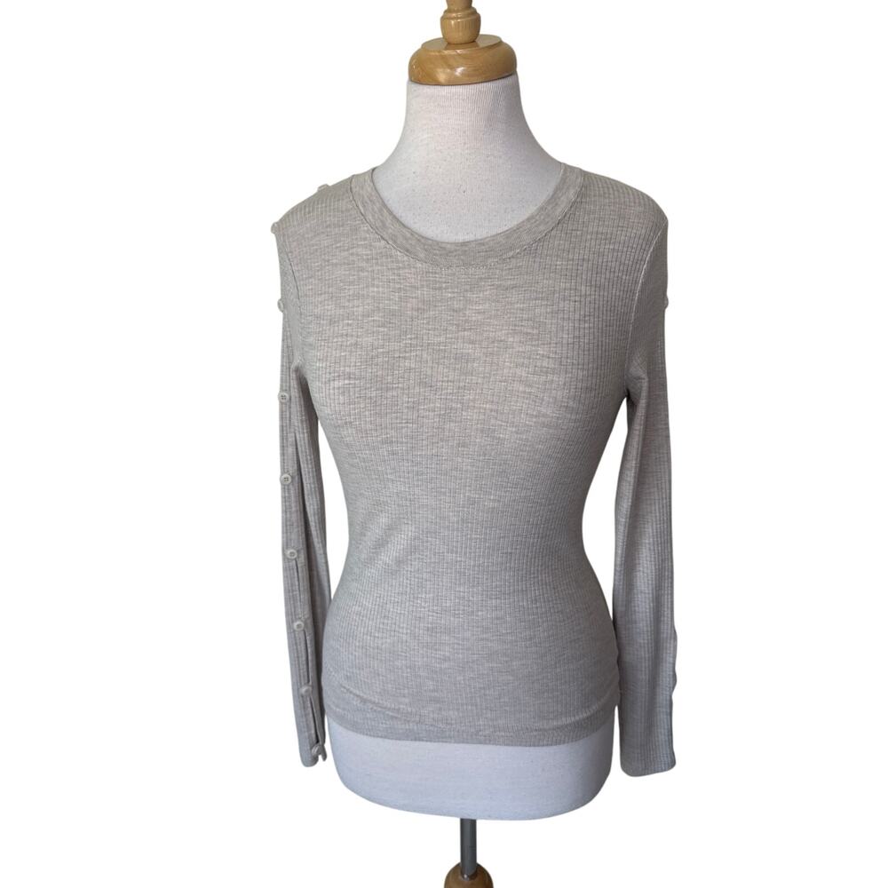 JONATHAN SIMKAHI Standard Ribbed Button Long Sleeve Top Oatmeal Small